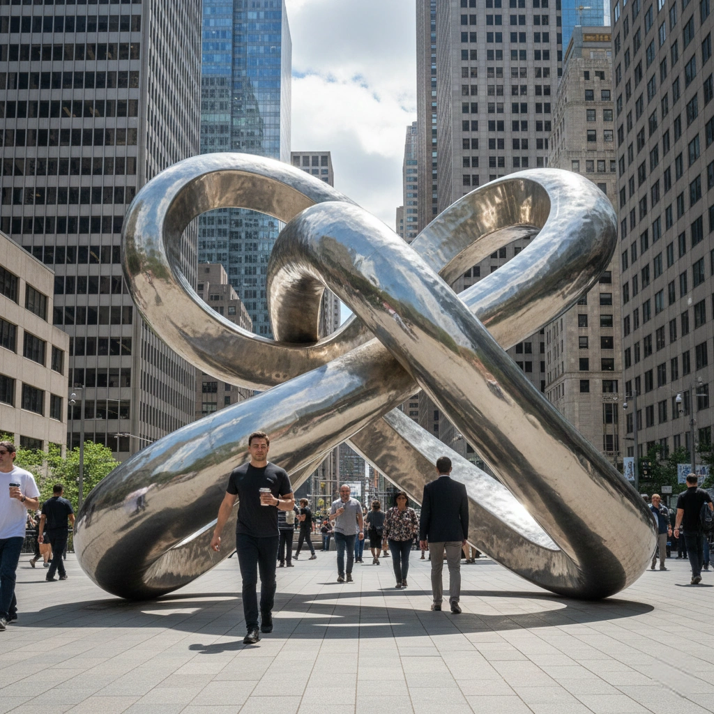 Contemporary abstract stainless steel sculpture with high-gloss mirror finish for outdoor landscape and public gardens