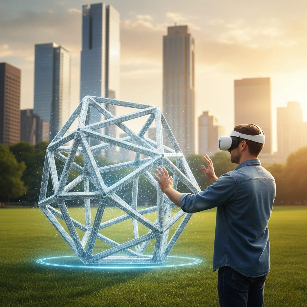 A professional using a tablet to overlay a high-fidelity 3D sculpture model onto a real-world architectural plaza using AR technology, demonstrating the scale, shadows, and spatial impact in a real environment for client decision-making