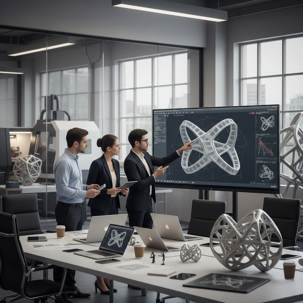 A modern engineering team in a brightly lit office discussing a complex 3D parametric sculpture model displayed on a large screen, showcasing the brand's adoption of advanced digital design and manufacturing technologies.