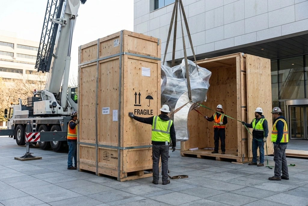 Secure export-grade fumigated wooden crate packaging and on-site crane installation service for large outdoor sculptures