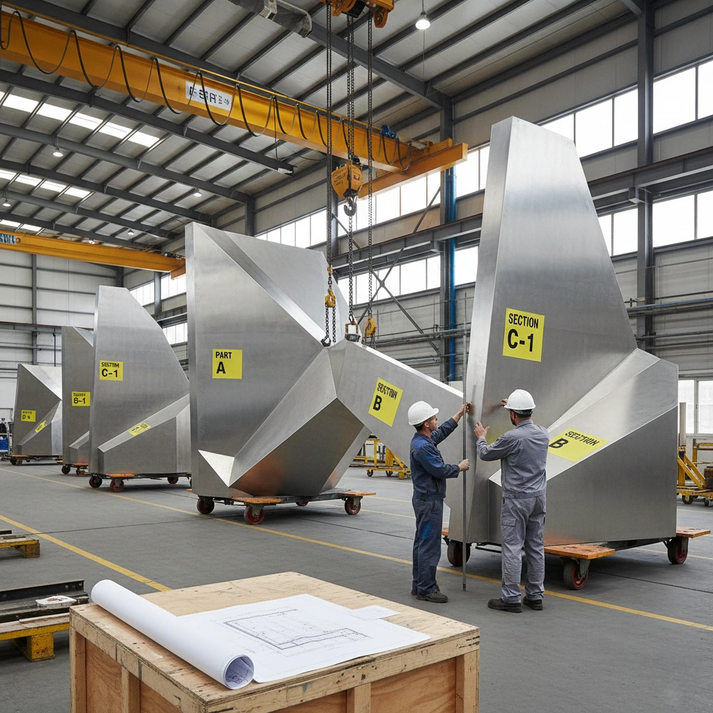 Large-scale stainless steel sculpture undergoing full pre-assembly in the factory, with each modular section clearly labeled and numbered for simplified on-site installation by local contractors