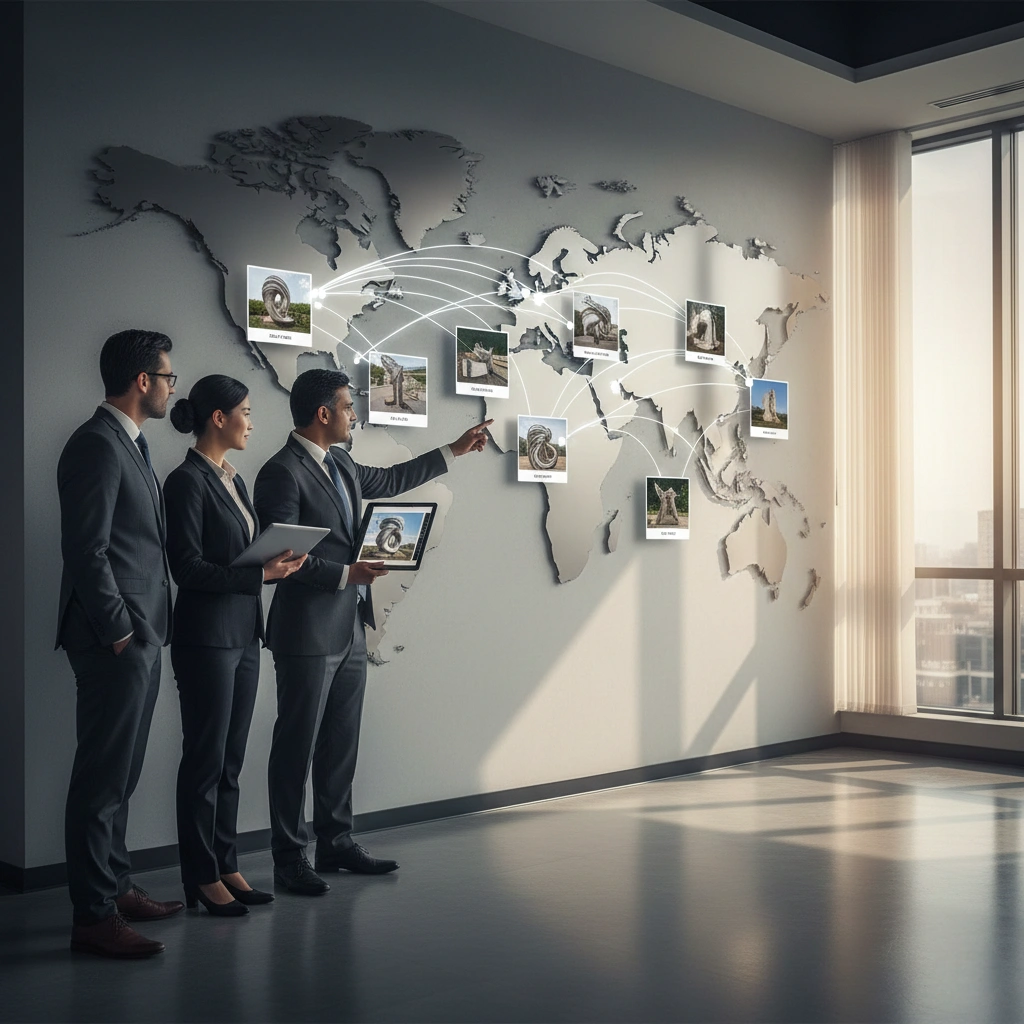 A team of professionals in a modern office pointing to a world map adorned with images of their landmark sculpture installations across different continents, visually representing the brand's global reach and successful international projects.
