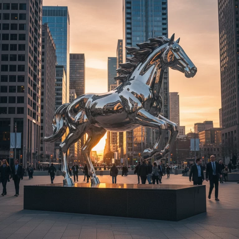 Contemporary abstract stainless steel sculpture with high-gloss mirror finish for outdoor landscape and public gardens