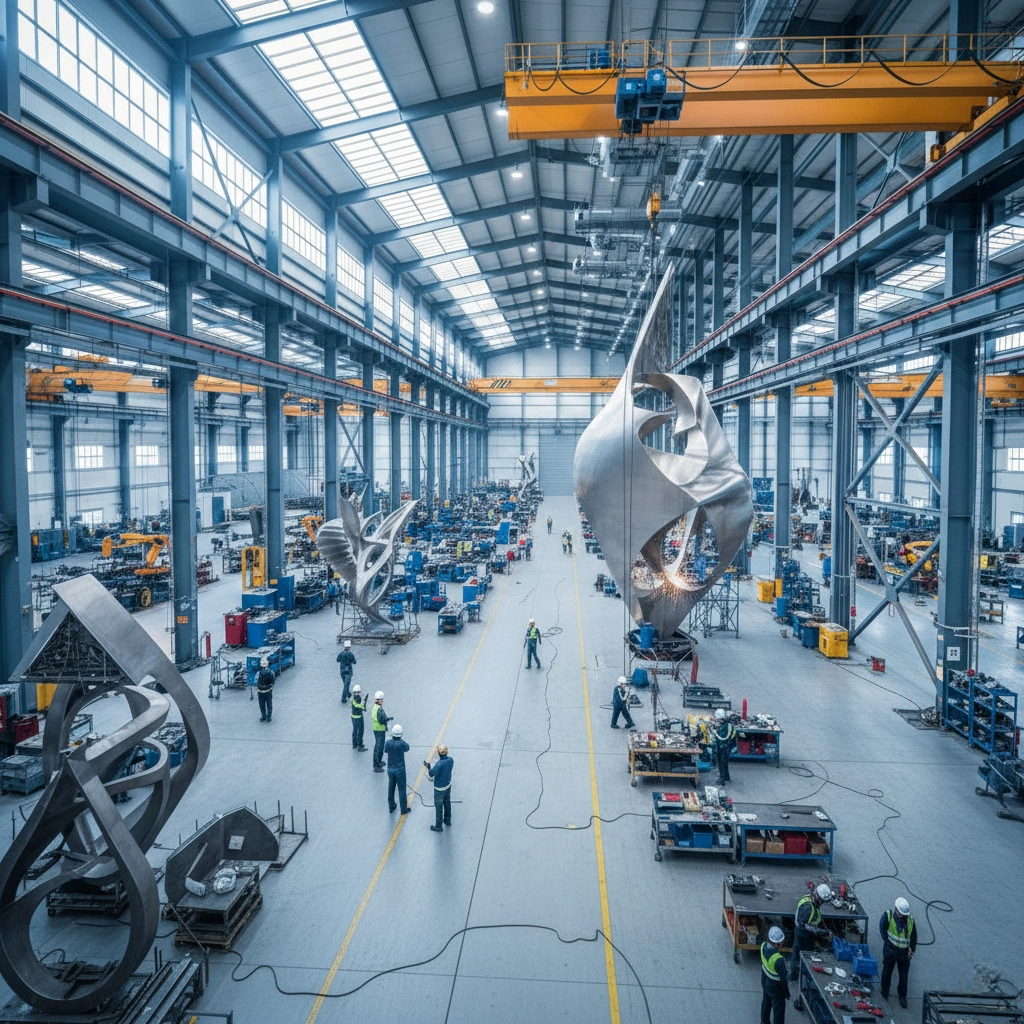A wide-angle, realistic view of a massive modern sculpture fabrication workshop. The scene features soaring industrial ceilings, heavy-duty cranes, and large-scale metal art structures under construction, highlighting the professional and organized manufacturing environment.