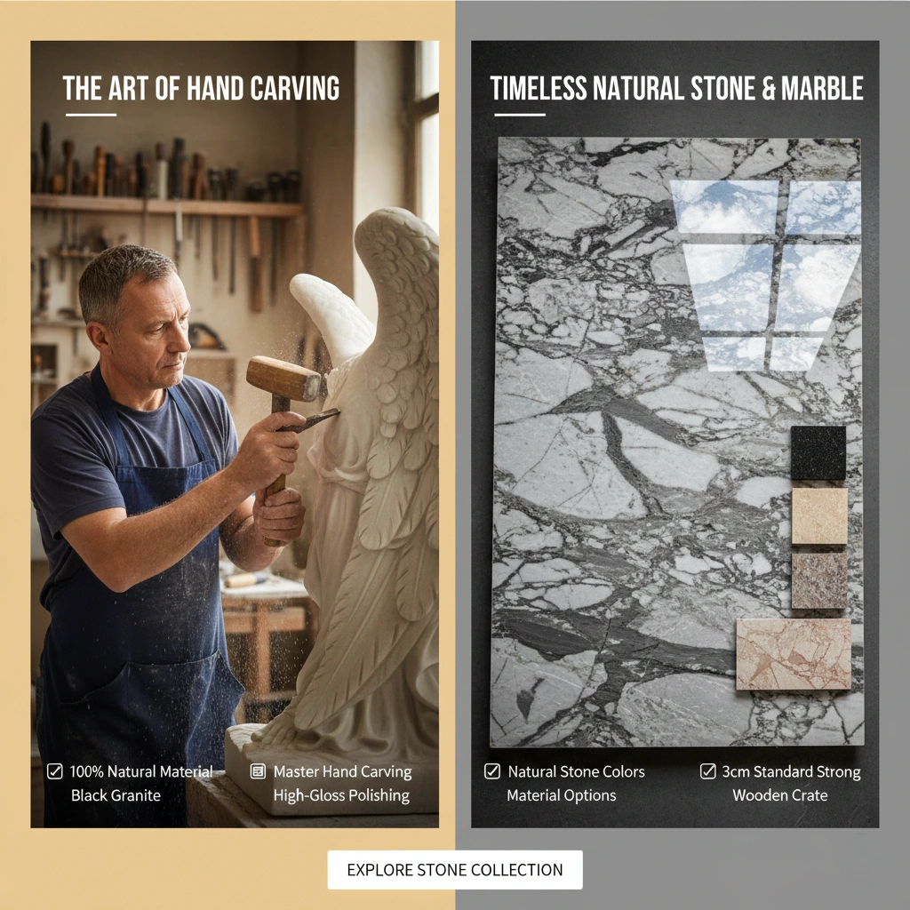 Close-up of a master artisan traditionally hand-carving a white marble statue using a chisel and mallet, demonstrating the authentic craftsmanship and intricate detailing of premium natural stone sculptures