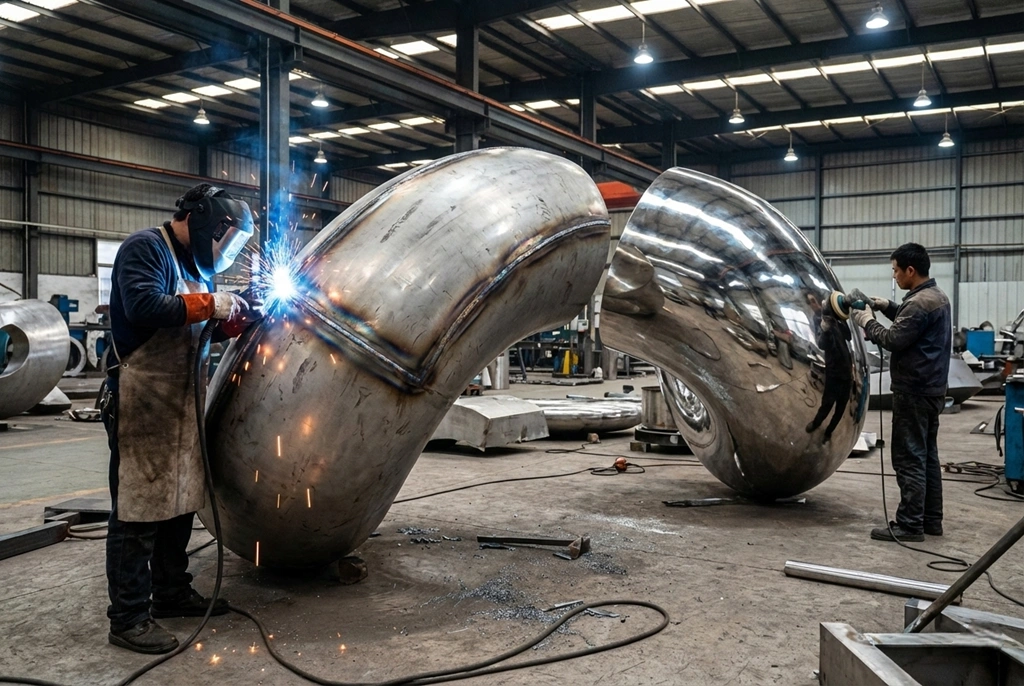 Inside the sculpture factory: professional welding and mirror polishing process for large stainless steel art installations