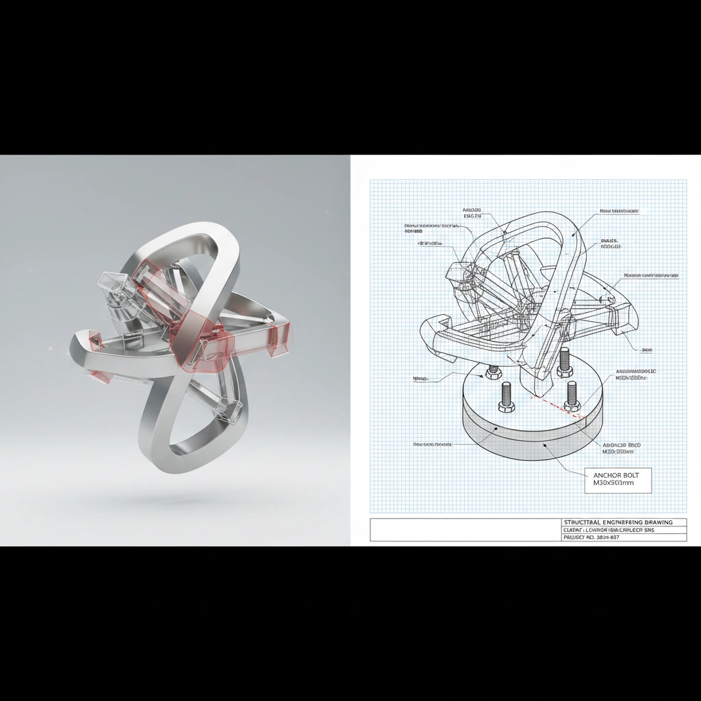 Detailed 3D structural engineering and CAD drawing of a large-scale sculpture, featuring precise measurements, internal reinforcement layouts, and anchor bolt foundation specifications for local contractor installation