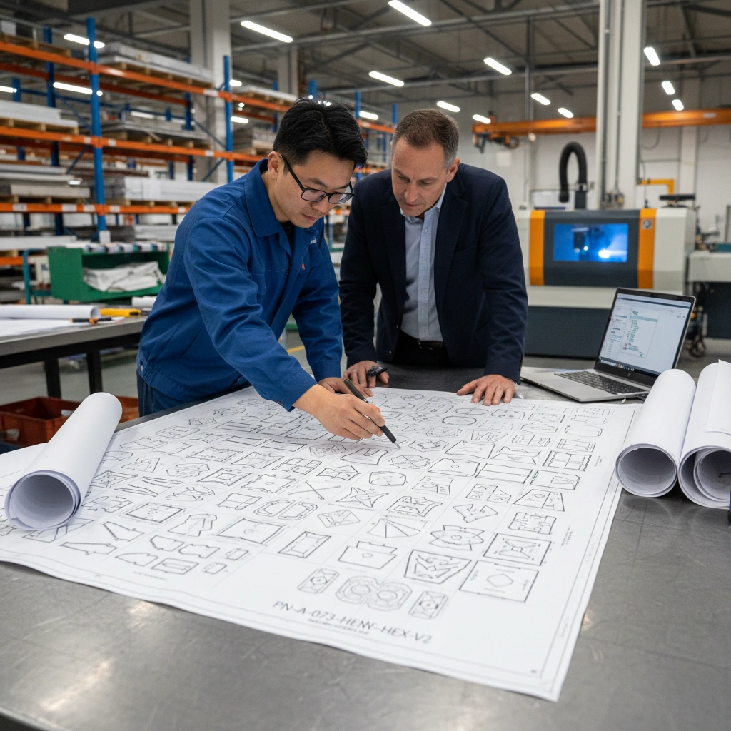 Two engineers in a factory setting examining a large-format parametric unrolling diagram, which shows a complex 3D surface meticulously segmented into numerous 2D panels for precise fabrication and assembly