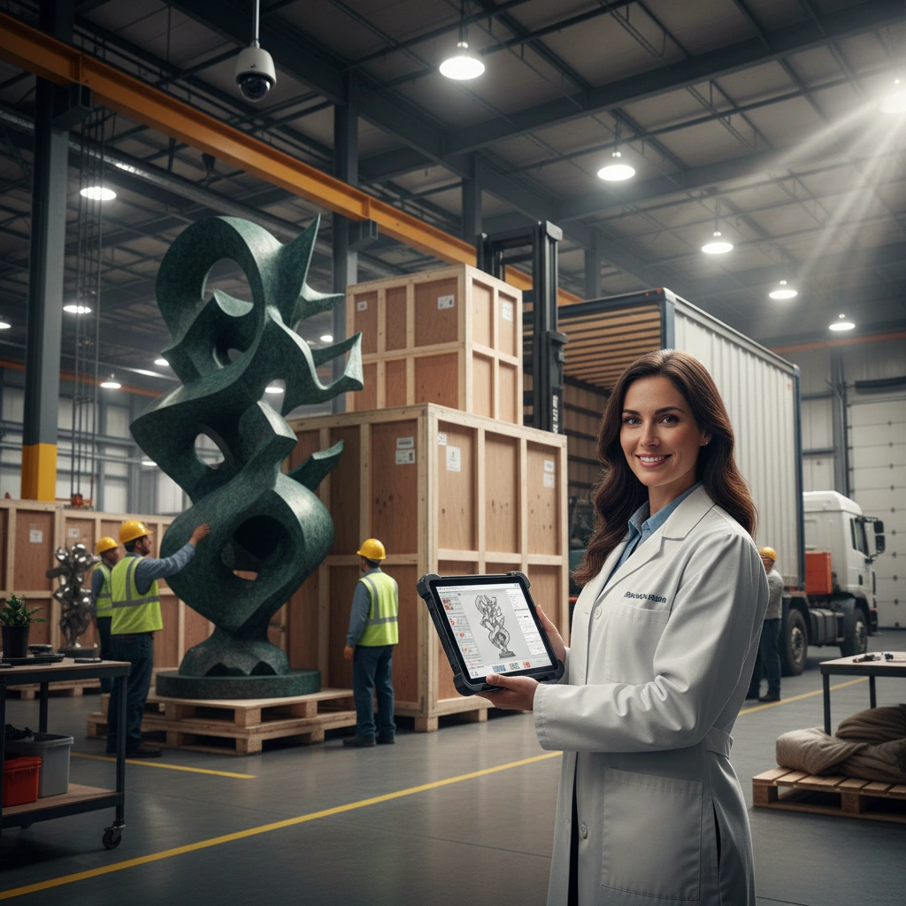 A professional quality control engineer using a precision measuring instrument to inspect a large polished metal sculpture in a clean factory setting, ensuring every detail meets strict engineering standards before shipment.