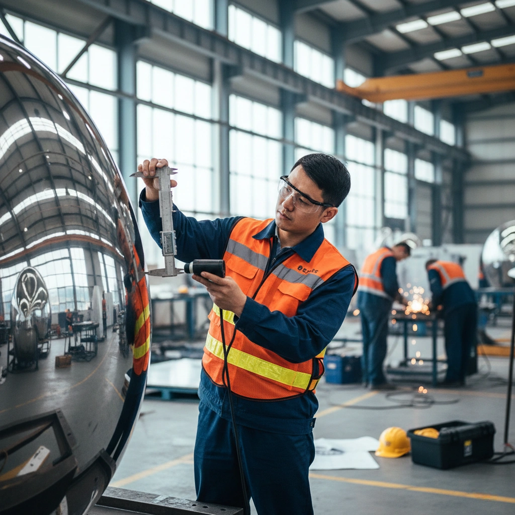 A quality assurance inspector using a professional vernier caliper to verify the surface thickness and dimensional accuracy of a stainless steel sculpture, ensuring compliance with international engineering standards