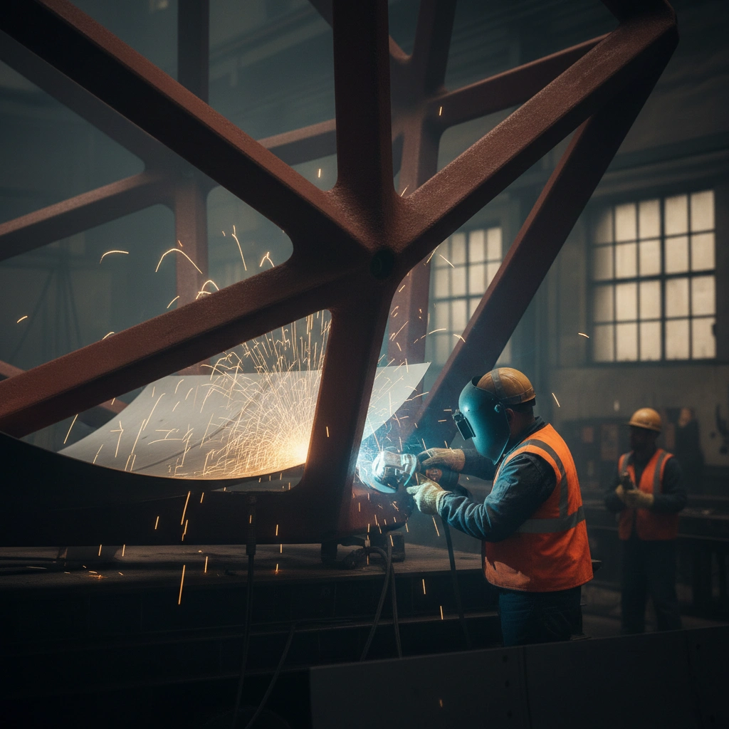 A skilled welder meticulously performing TIG welding on a large metal sculpture panel, focusing on achieving a seamless joint with minimal distortion, crucial for the final mirror-polished or brushed finish