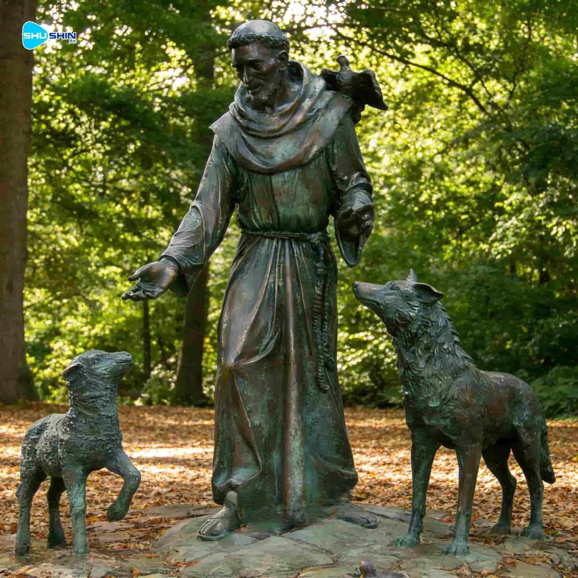 Bronze St. Francis Of Assisi Statue With Wolf And Dog Outdoor Traditional Sculpt