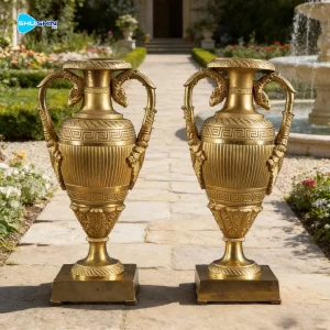 Classical Cast Bronze Decorative Urn Set With Relief Figures Antique Style Metal