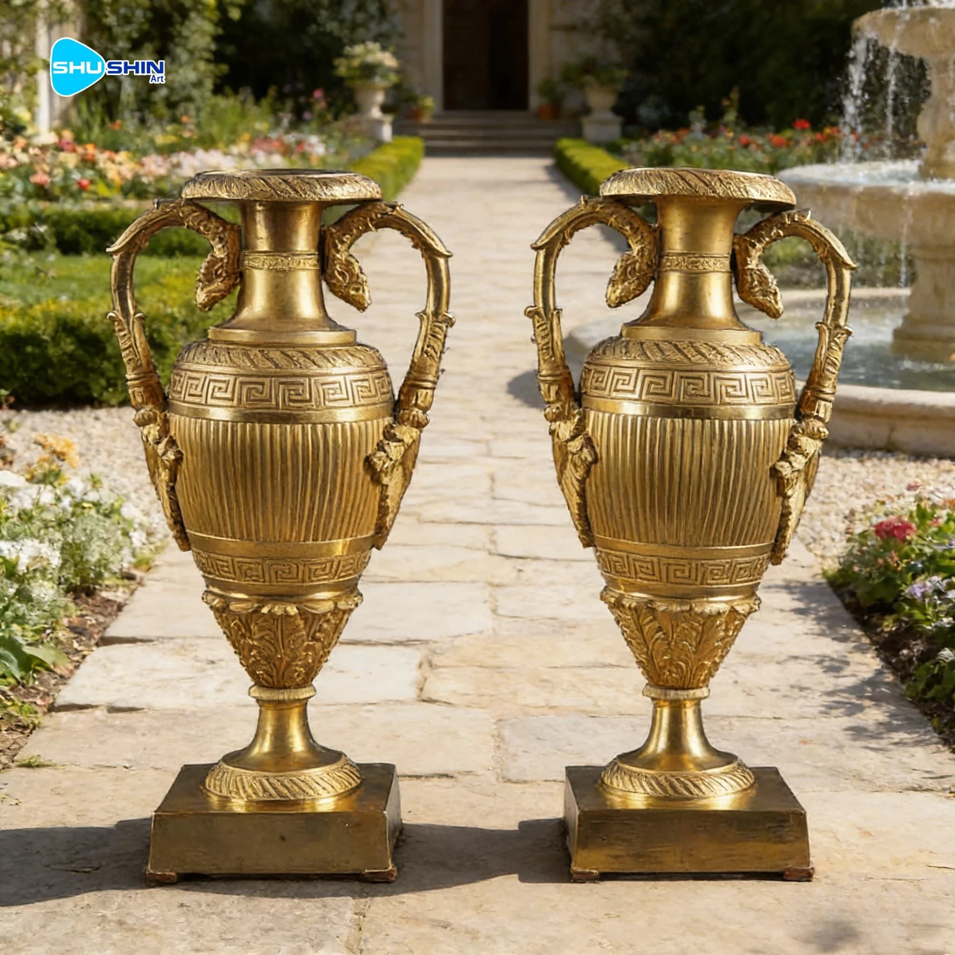 Classical Cast Bronze Decorative Urn Set With Relief Figures Antique Style Metal
