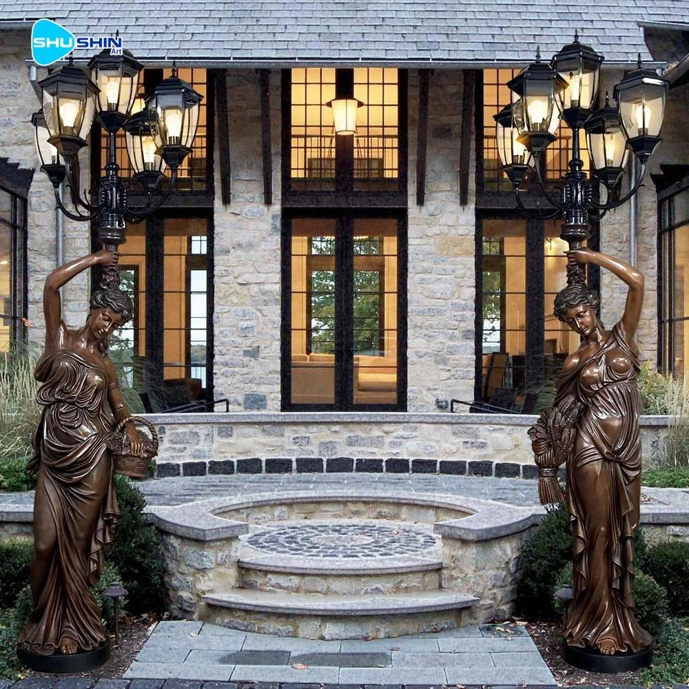 Factory Customized Size Bronze Antique Statue Lamp Greek Lady Sculpture Holding