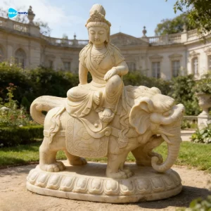 Marble Custom Large Outdoor Carving Life Size White Stone Elephant Riding Buddha Marble