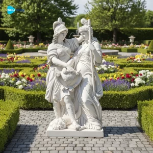 Marble Hand Carved Pure Natural Marble Statue Of Female Warrior With Shield And Compani
