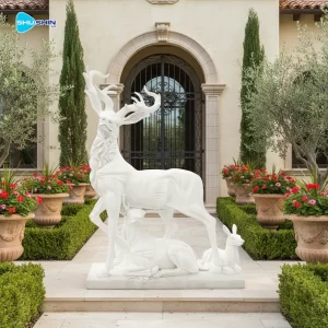 Marble Handmade European Outdoor Garden Art Elk Family Marble Statue Natural White Marb