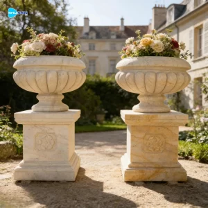 Marble Handmade European Villa Garden Decorative White Marble Flowerpots With Base