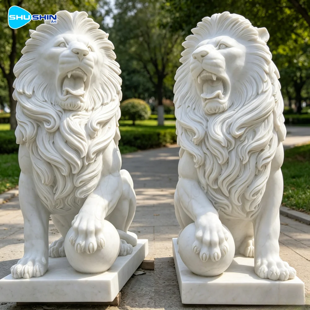Marble Handmade Traditional Marble Lion Statue Outdoor Garden Decoration With 1 Year Wa