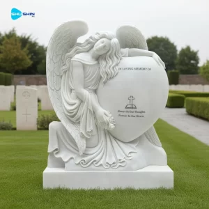 Marble Kneeling Angel With Heart Traditional Memorial Headstone Statue White Marble Out