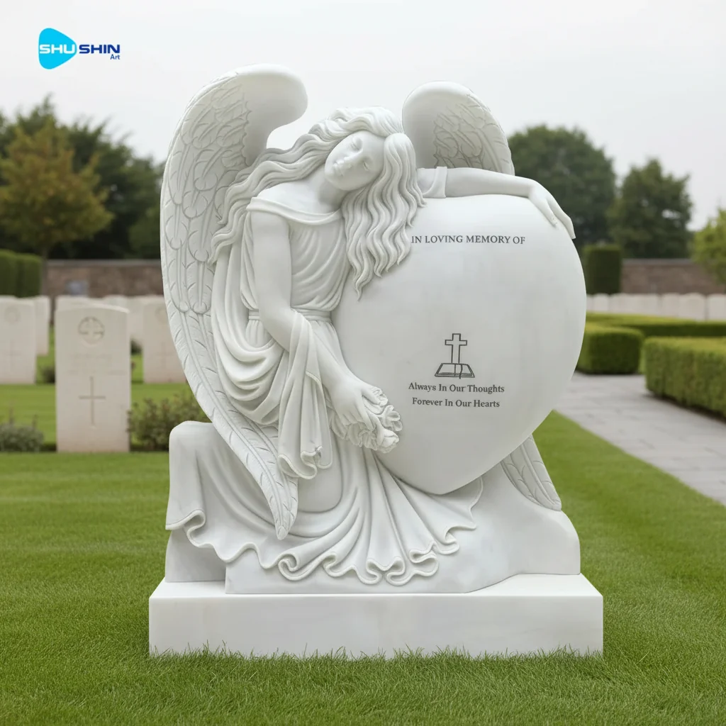 Marble Kneeling Angel With Heart Traditional Memorial Headstone Statue White Marble Out