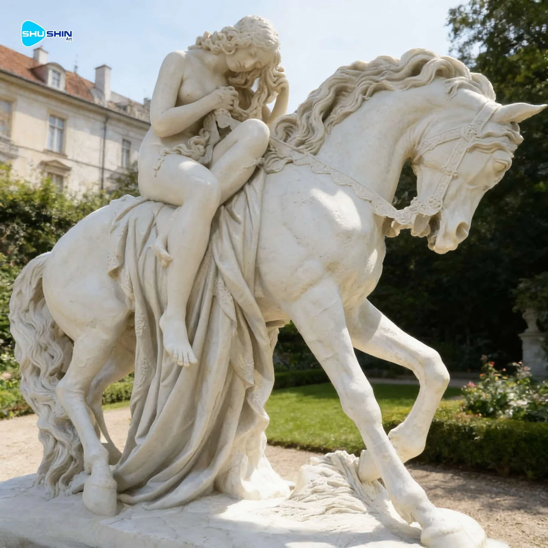Marble Life Size White Marble Lady Godiva Statue Sexy Girl With Horse Sculpture 1