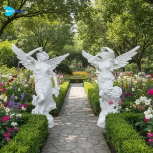 Marble Outdoor Villa Decor Life Size White Marble Handmade Winged Stone Angel Statues W