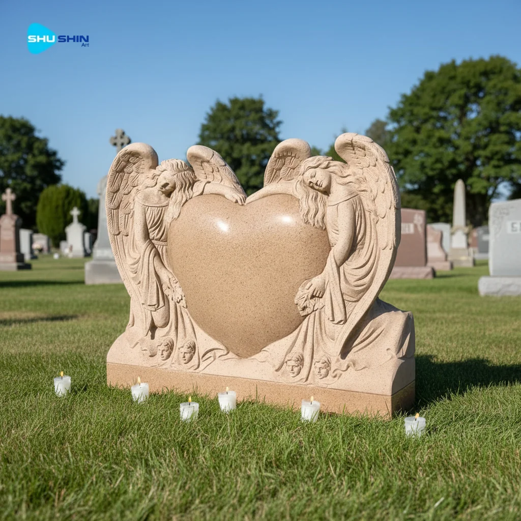 Marble Sesame Red Granite Heart Shaped Angel Memorial Headstone Cemetery Monument Custo 1