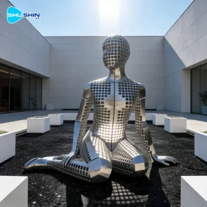Steel Abstract Modern Seated Female Slice Statue Cross Design Polished Stainless Steel