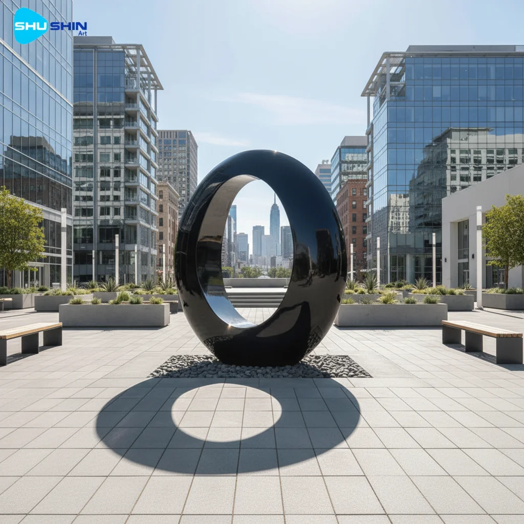 Steel Abstract Polished Stainless Steel Reflexion Ring Sculpture For Modern Gardens Lu