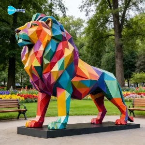 Steel Custom Color Polished Large Geometric Stainless Steel Lion Sculpture With Cross 