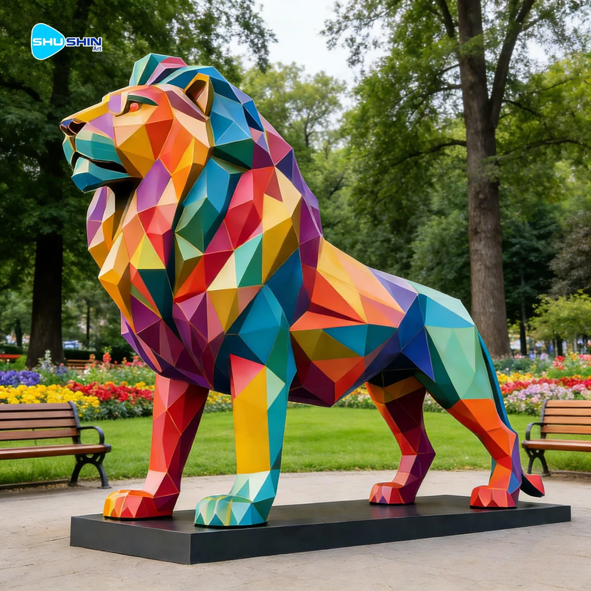 Steel Custom Color Polished Large Geometric Stainless Steel Lion Sculpture With Cross