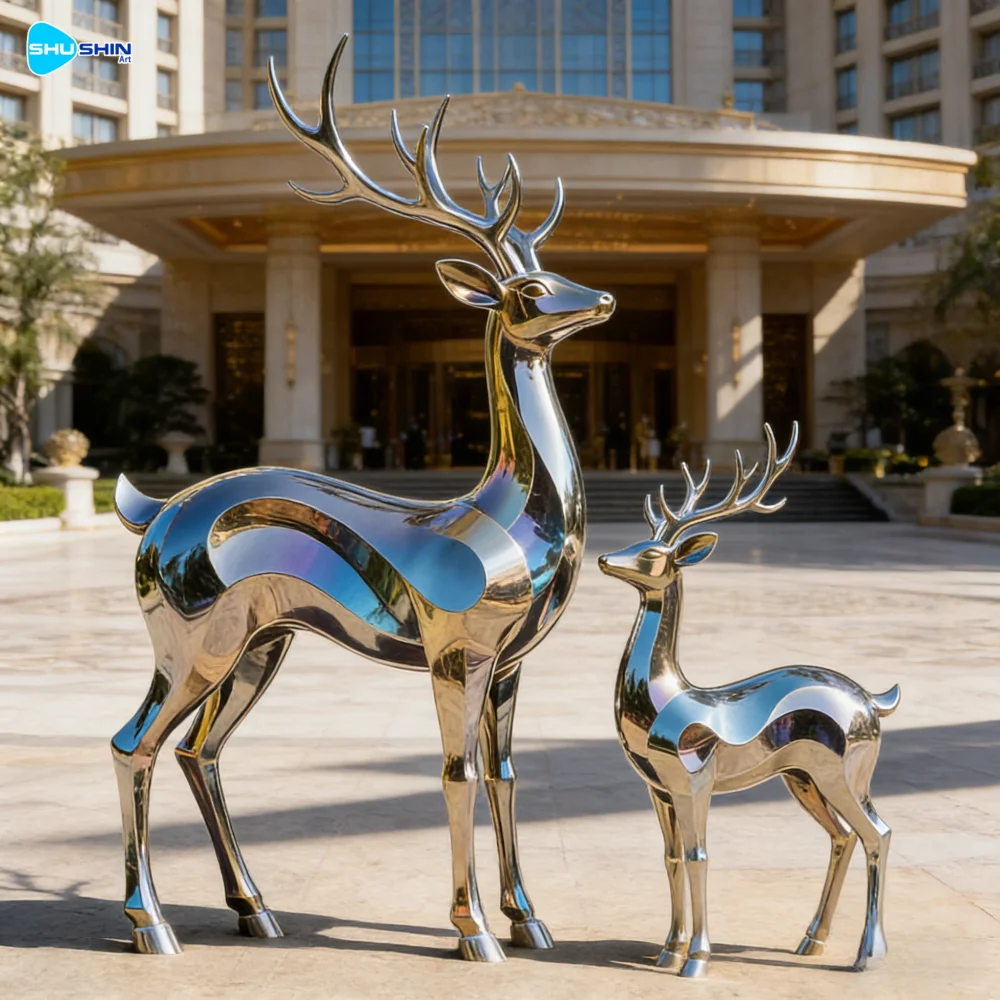 Steel Custom Design Polished Stainless Steel Deer Sculpture Geometric Cross Theme For