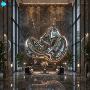 Steel Custom Large Modern Fluid Abstract Stainless Steel Wall Sculpture Contemporary E