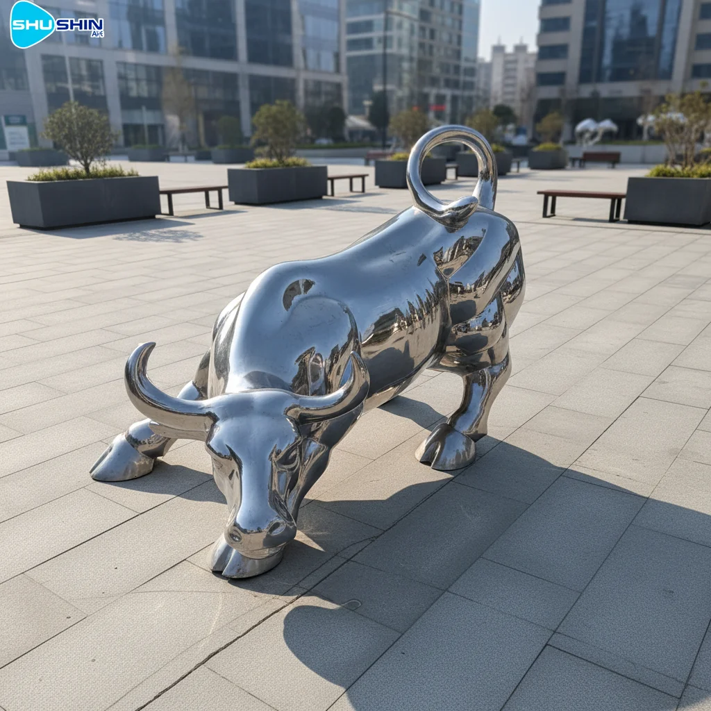 Steel Mirror Polished Stainless Steel Modern Animal Sculpture Custom Bull Statue 1