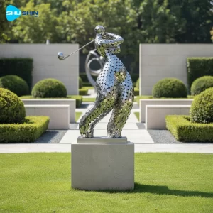 Steel Modern Abstract Golf Playing Stainless Steel Sculpture Polished Plated Garden Ar