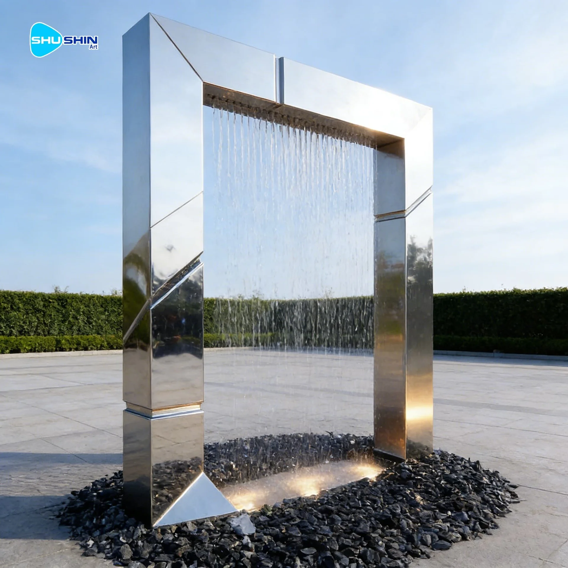 Steel Modern Art Cross Polished Stainless Steel Model Rectangle Water Fountain Statue