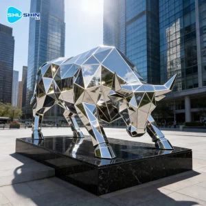 Steel Modern Polished Cross Design Life Size Geometric Stainless Steel Bull Sculpture 