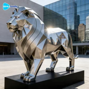 Steel Modern Polished Life Size Abstract Stainless Steel Cross Geometric Lion Statue S