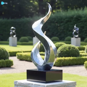 Steel Modern Polished Stainless Steel Abstract Outdoor Sculpture Flame Inspired Fashio