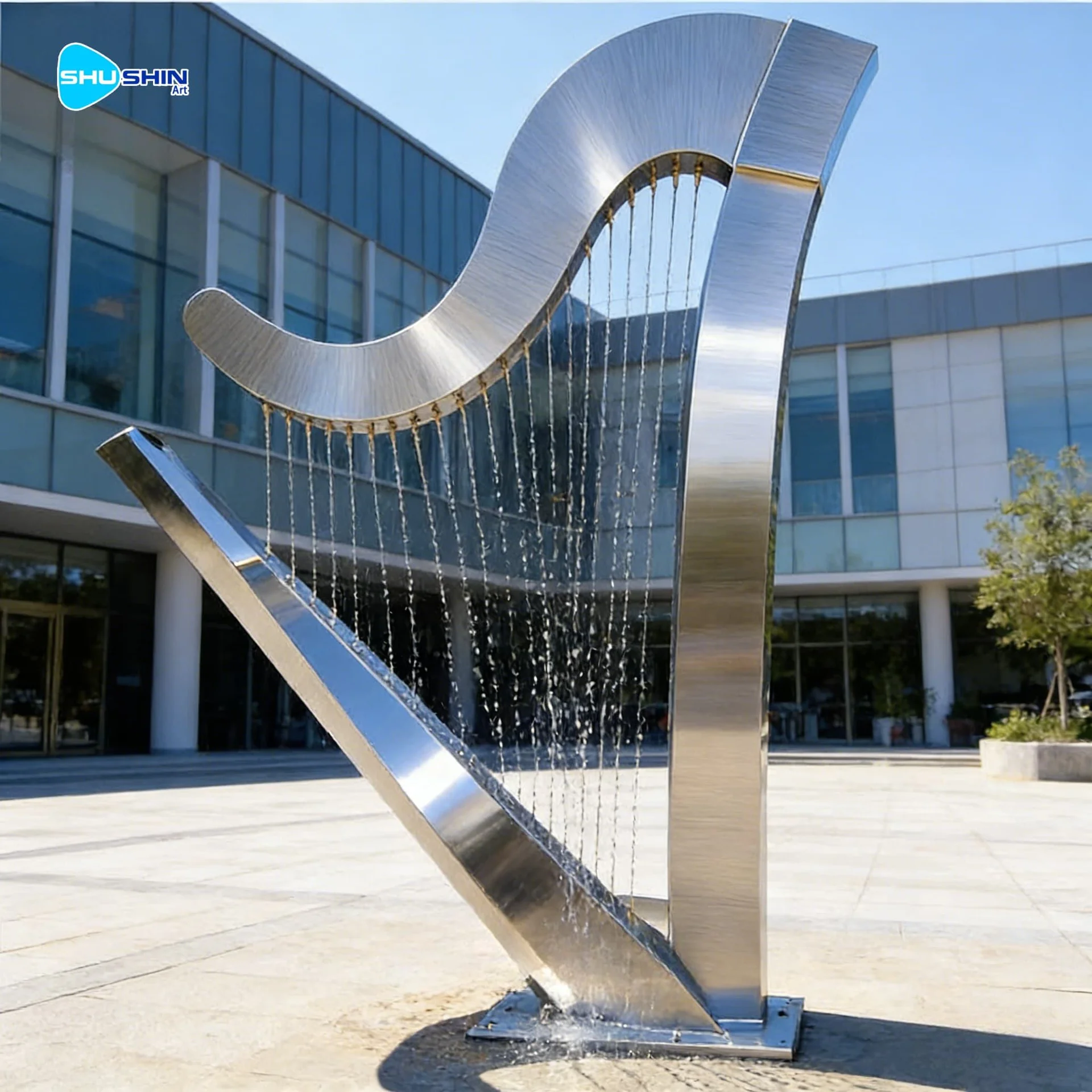 Steel Outdoor Polished Modern Abstract Cross Theme Stainless Steel Harp Fountain Model
