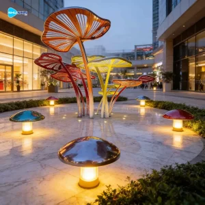 Steel Polished Colorful Stainless Steel Model Mushroom Tree Sculpture Set For Outdoor 