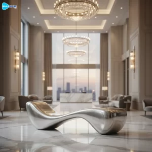 Steel Sleek Polished Stainless Steel Lounge Bench Sculpture With Fashion Elements For 