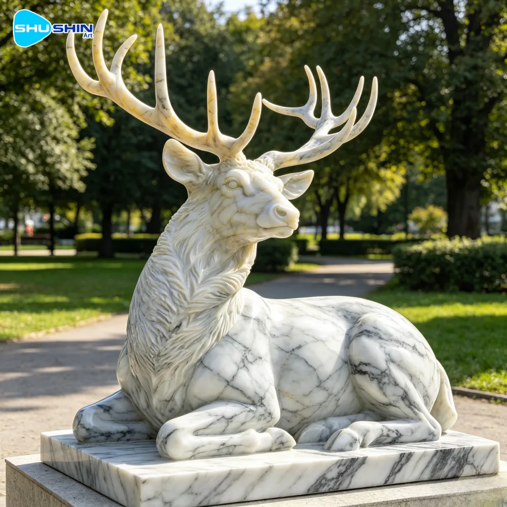 Hand-carved marble deer sculpture for outdoor garden display.