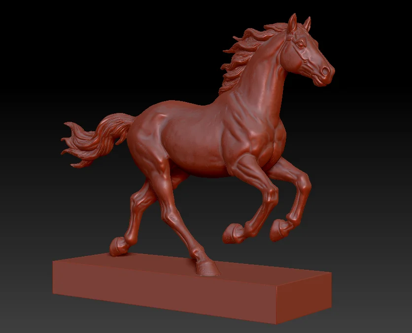 3D design rendering of a bronze horse sculpture in a running pose
